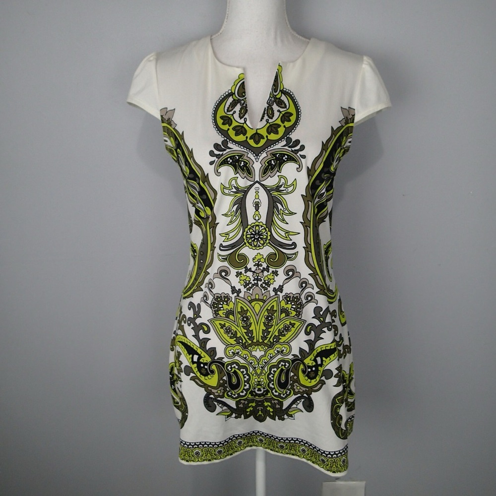 INC International Concepts White and Green Ornate Dress